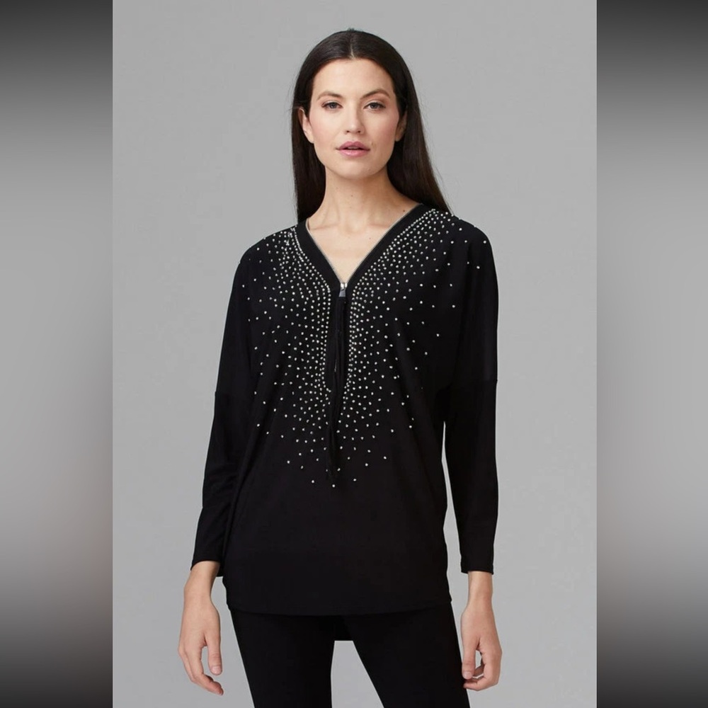 Joseph Ribkoff Studded Zip V-Neck Tunic Blouse Black Size S Chic Sparkle Top